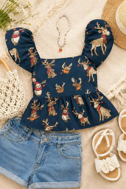 Navy Woodland Reindeer Peplum Top