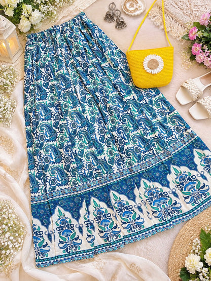 Blue Paisley Jaipuri Flared Cotton Skirt