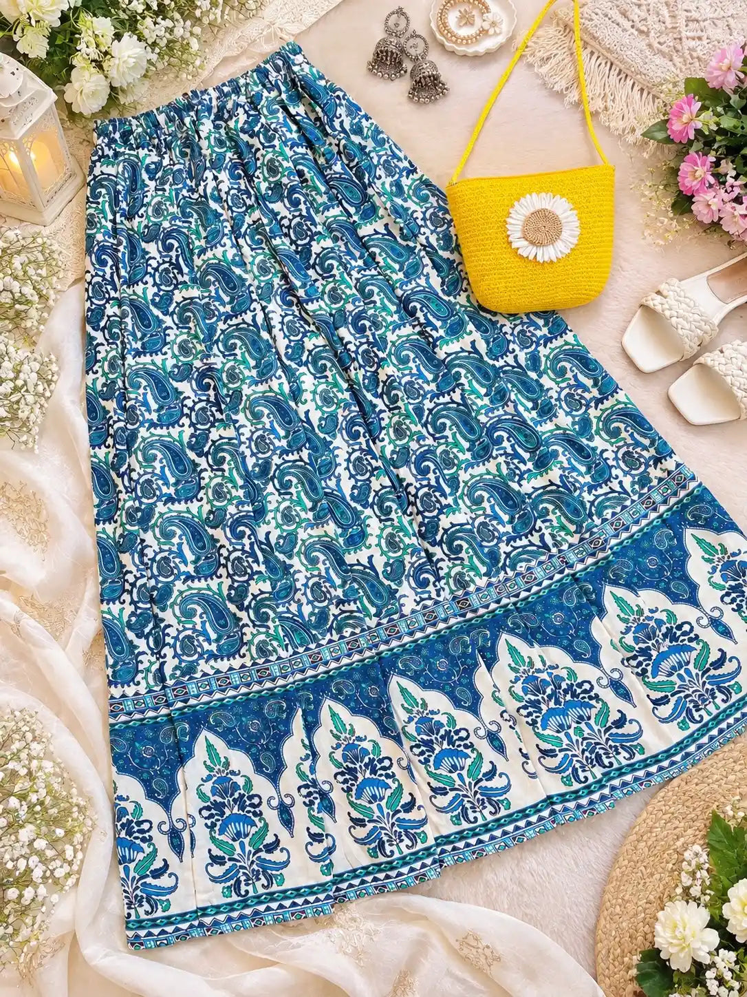 Blue Paisley Jaipuri Flared Cotton Skirt