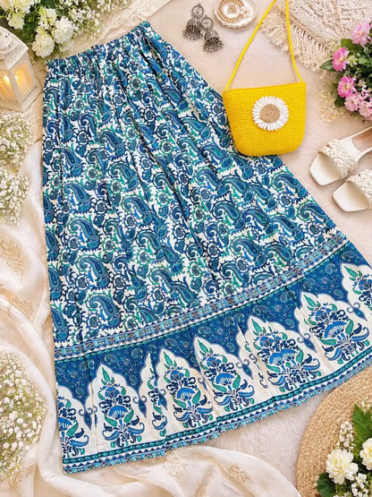 Blue Paisley Jaipuri Flared Cotton Skirt