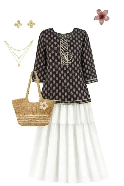Black Jaipuri Cotton Short Kurta