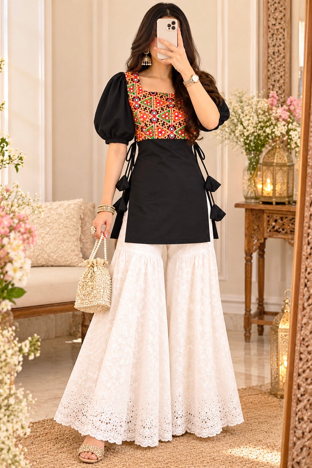 Black Multicolor Puff Sleeve Short Kurta