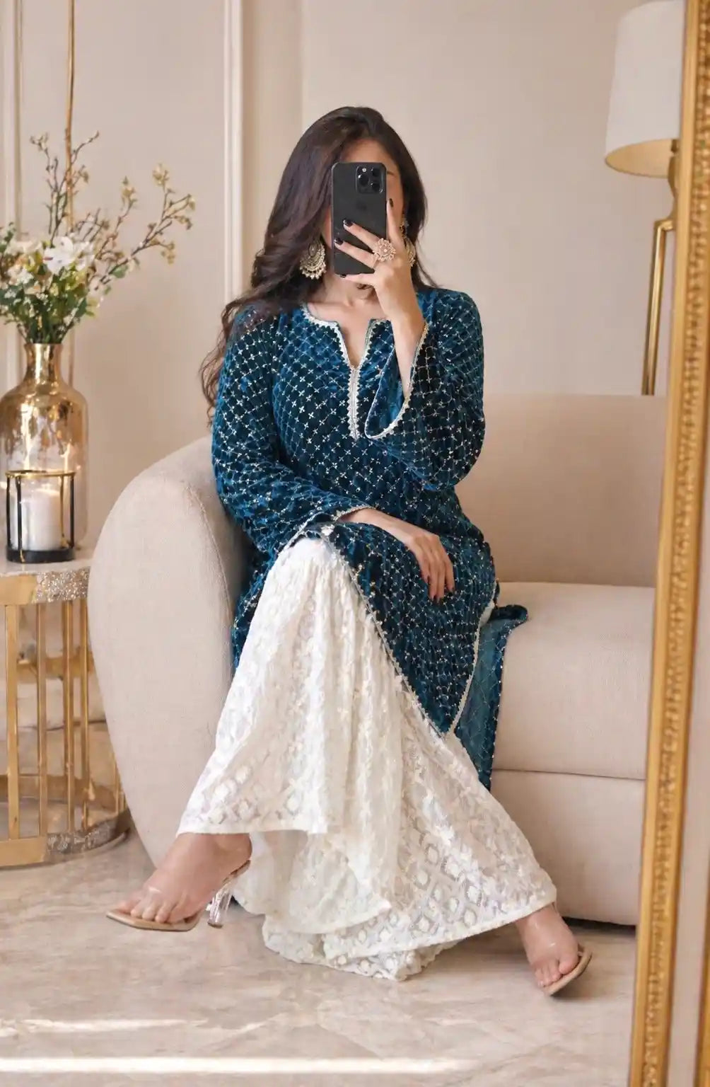 Gold Turquiose Embroidered Gulnaz Kurta