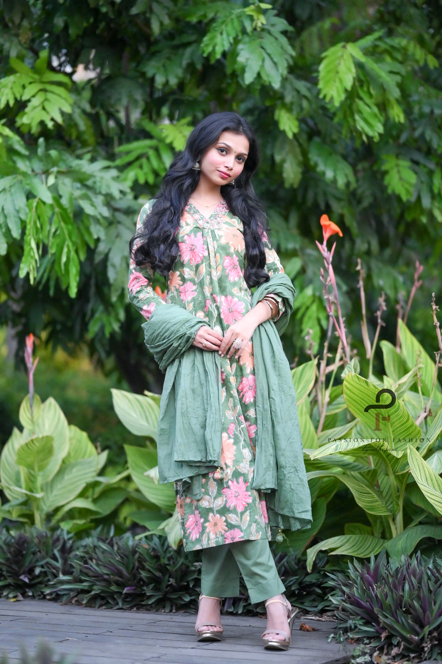 Meher Green Embroidered Floral Suit Set