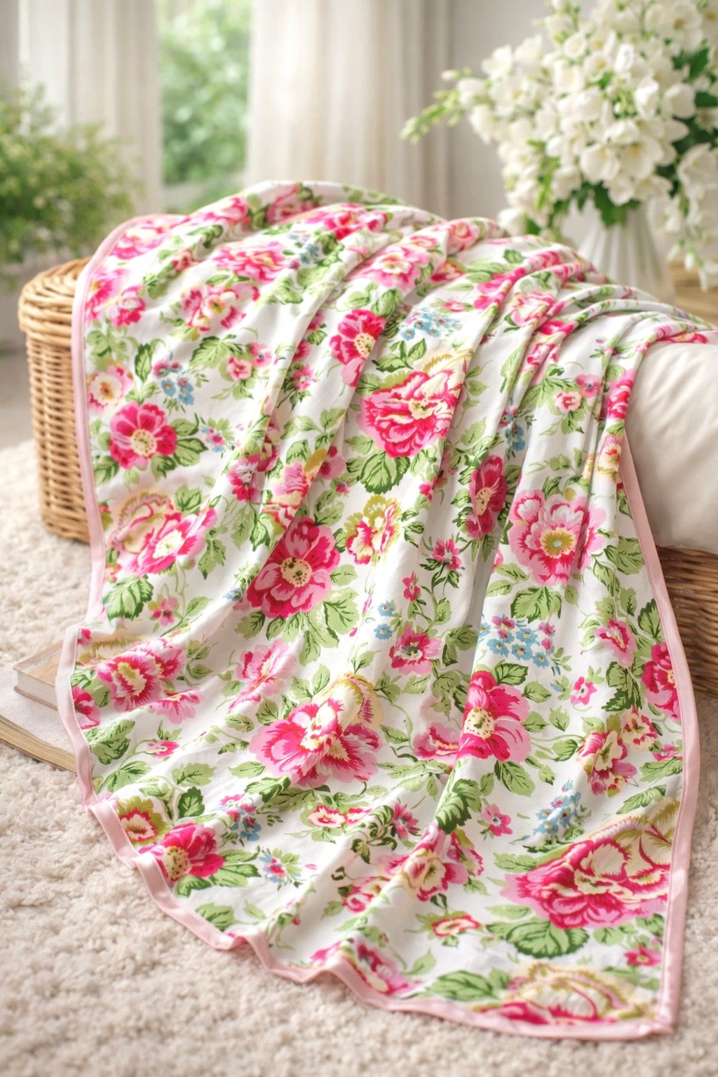 Daisy Pink Floral All Season Long Jaipuri Blanket