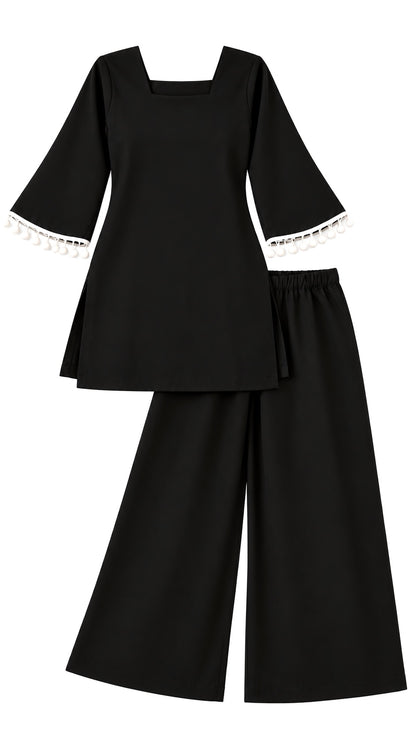 Black Pom Pom Kurta Set