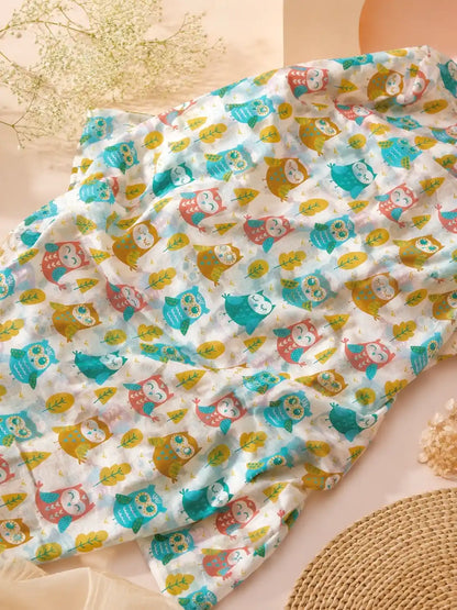 White Owl Print Cotton Fabric Cut