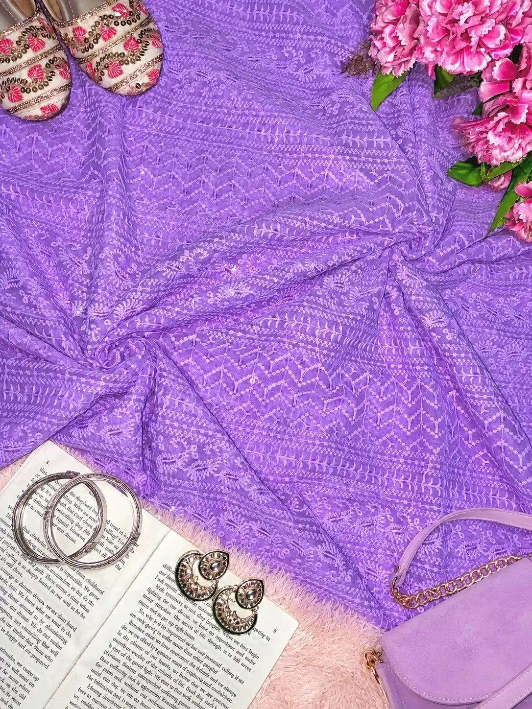 Crimson Lilac Gulnaz Embroidered Fabric Cut