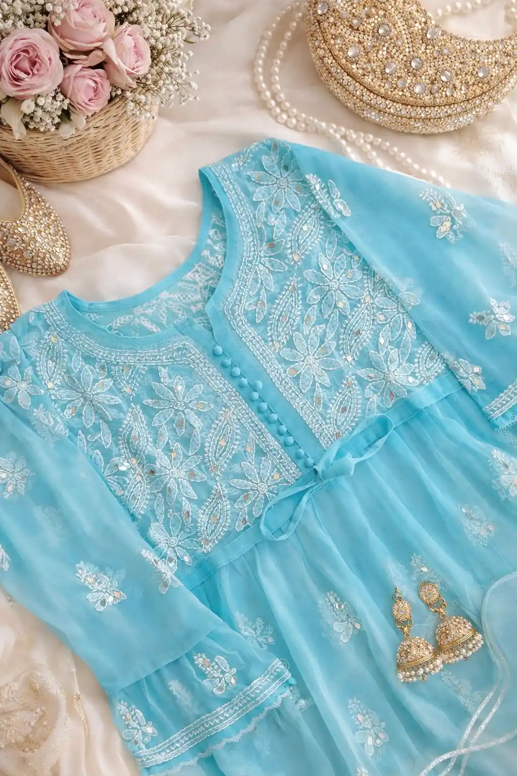 Blush Blue Noor Mirror Chikankari