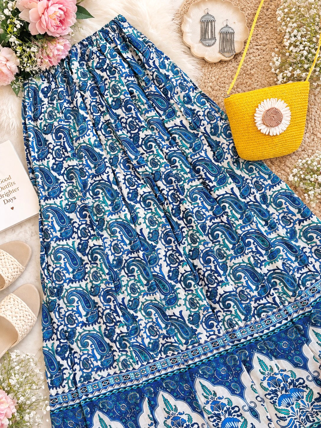 Blue Paisley Jaipuri Flared Cotton Skirt