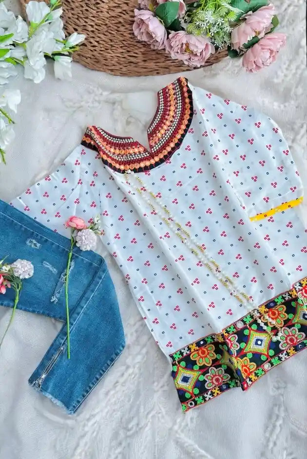 Gamti White Jaipuri Short Kurta
