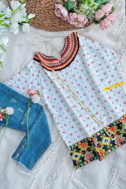 Gamti White Jaipuri Short Kurta