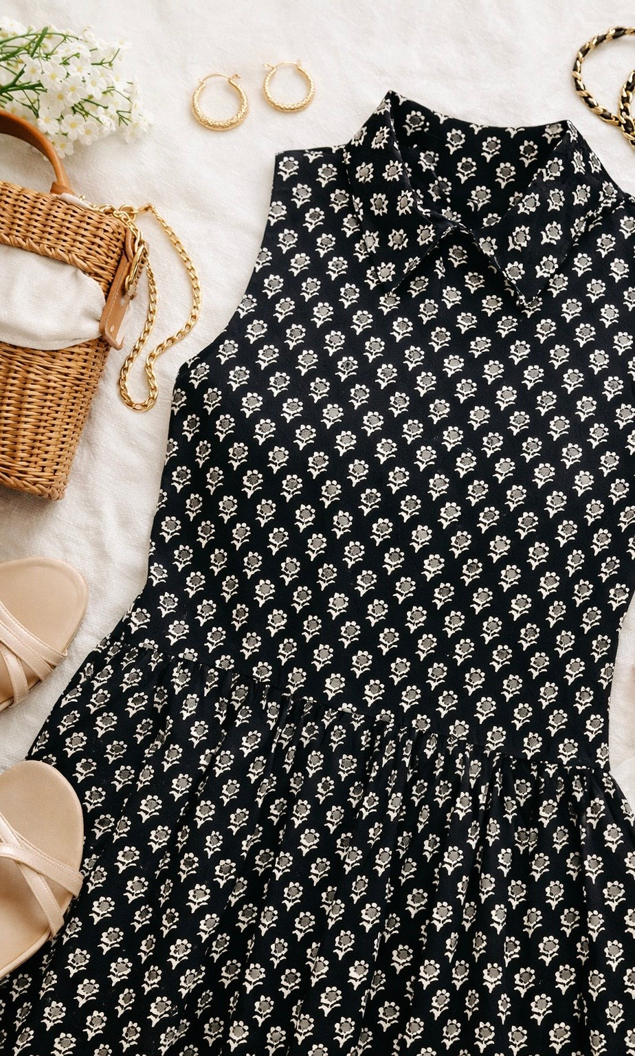 Black Block Print Collared Top