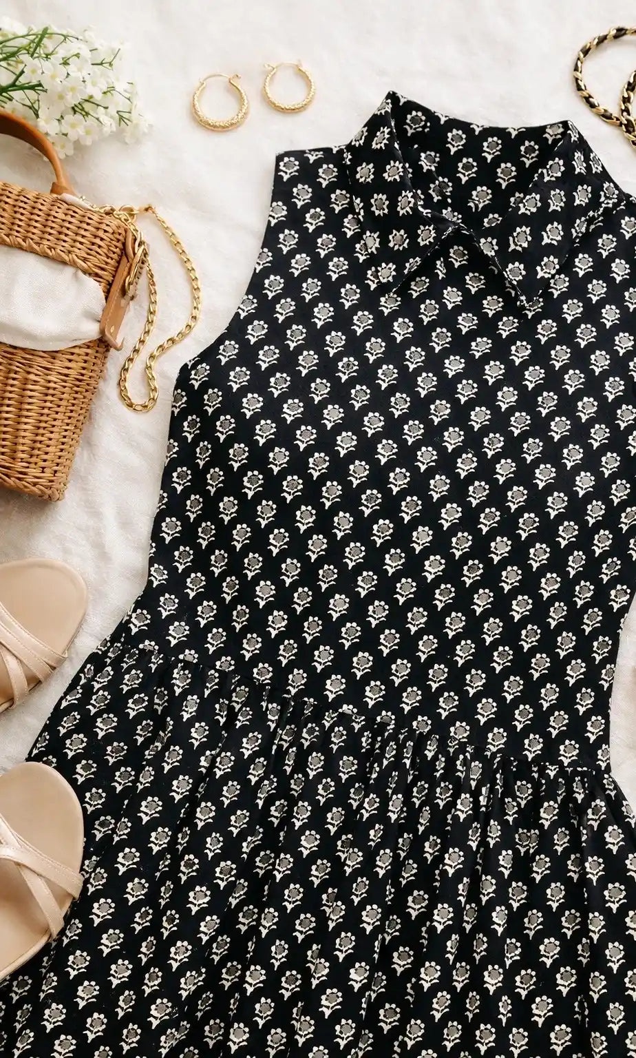 Black Block Print Collared Top