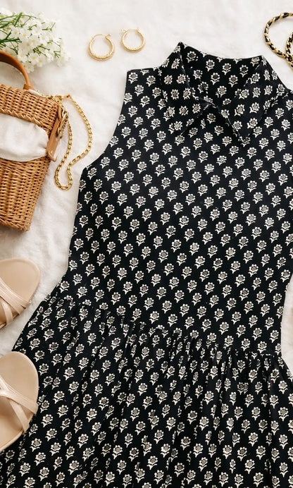 Black Block Print Collared Top