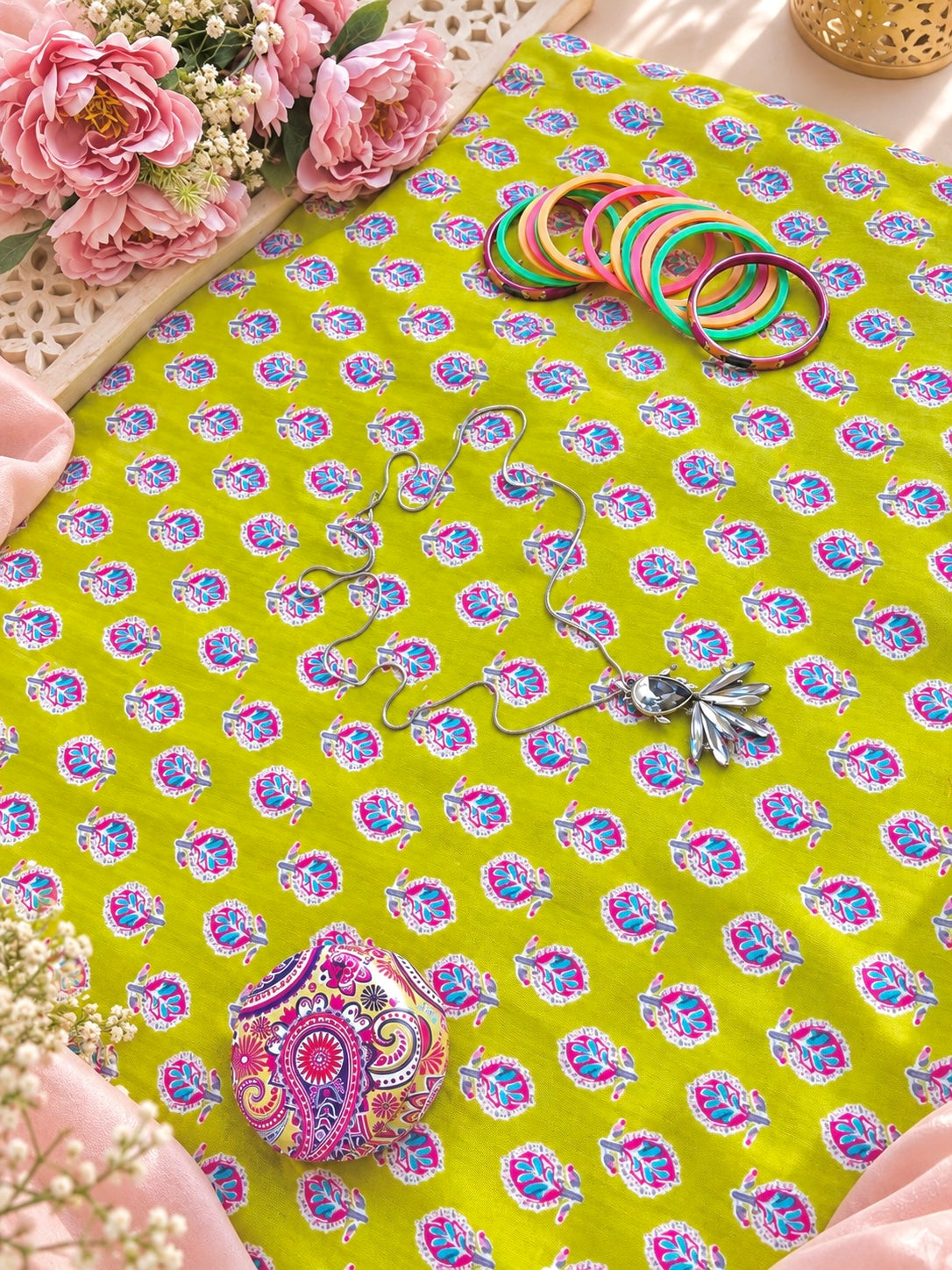 Lime Green Multicolour Butti Printed Fabric Cut