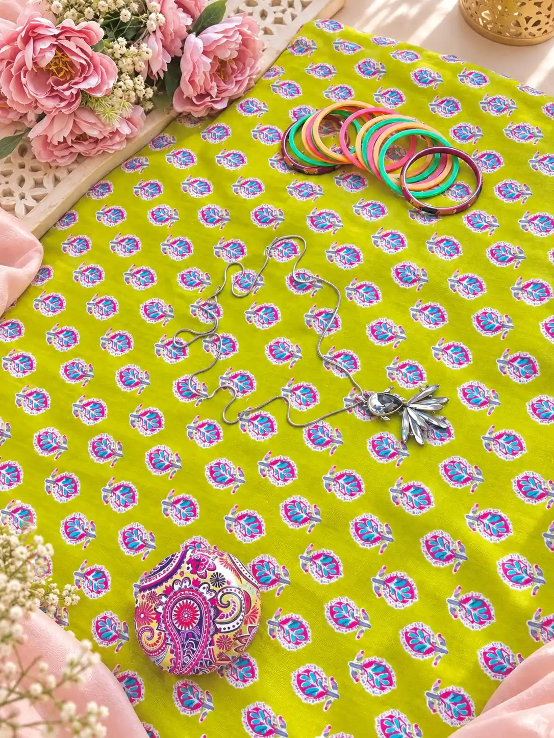 Lime Green Multicolour Butti Printed Fabric Cut