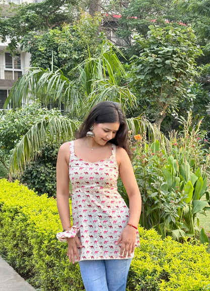 Pink Camel Handblock Short Kurta