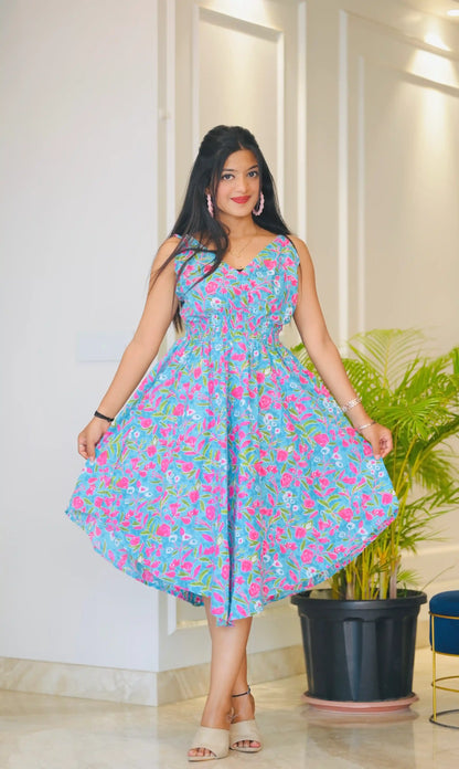 Floral Blue Smoky Twirl Dress
