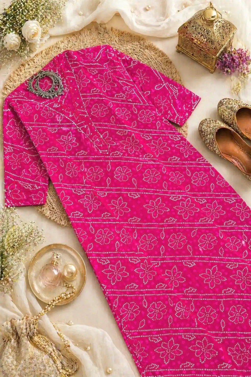 Pink Bandhej Mul Budget Kurta