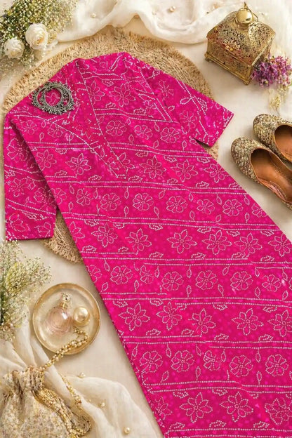 Pink Bandhej Mul Budget Kurta