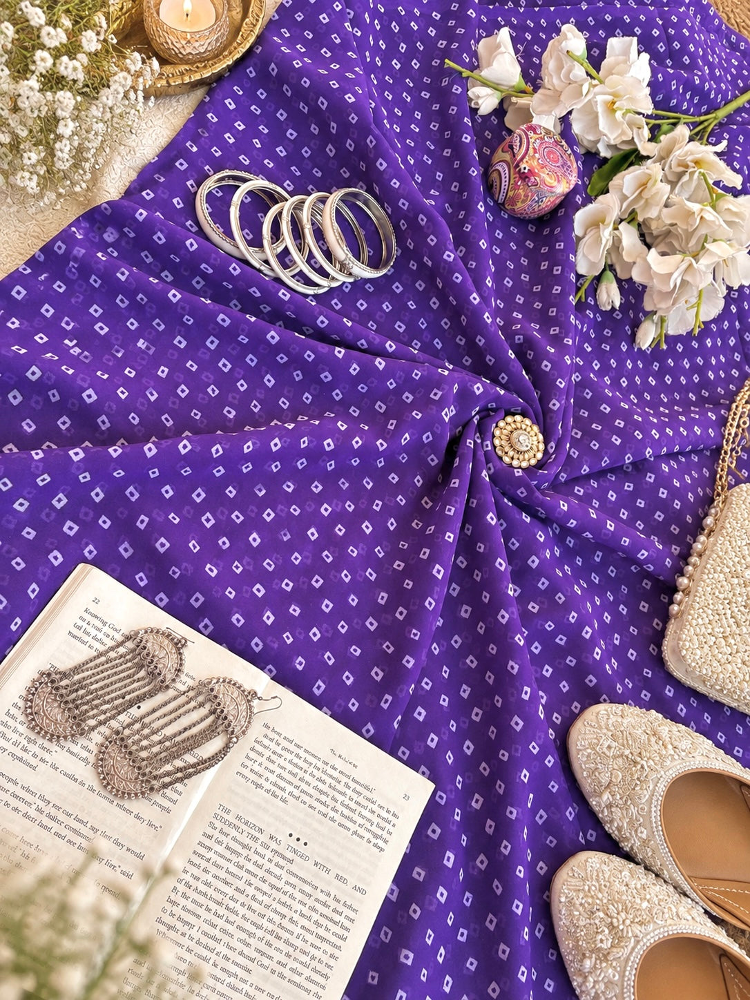 Purple Bandhej Gulnaz Fabric Cut