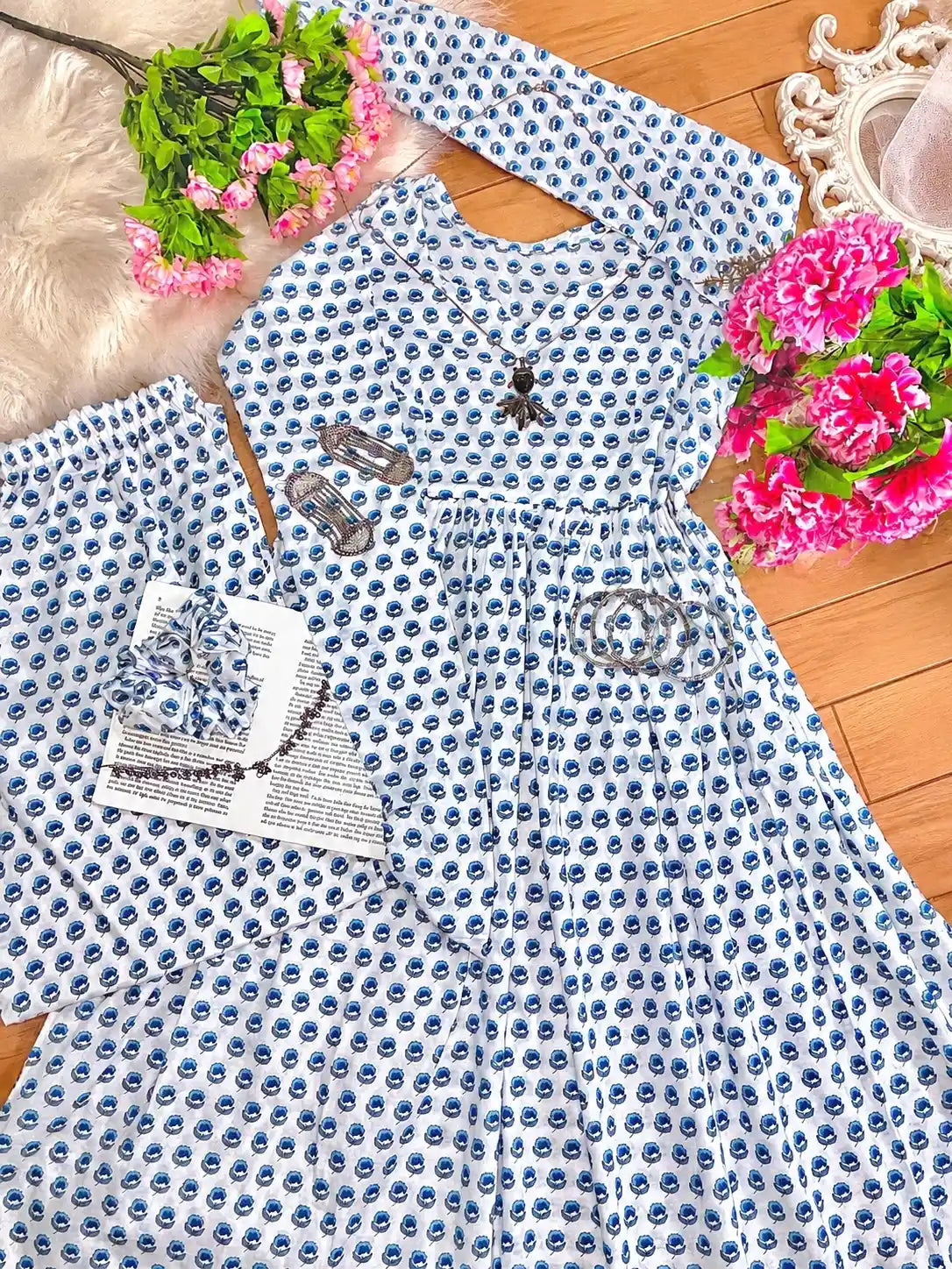 Meher Blue Floral Mulmul Suit Set