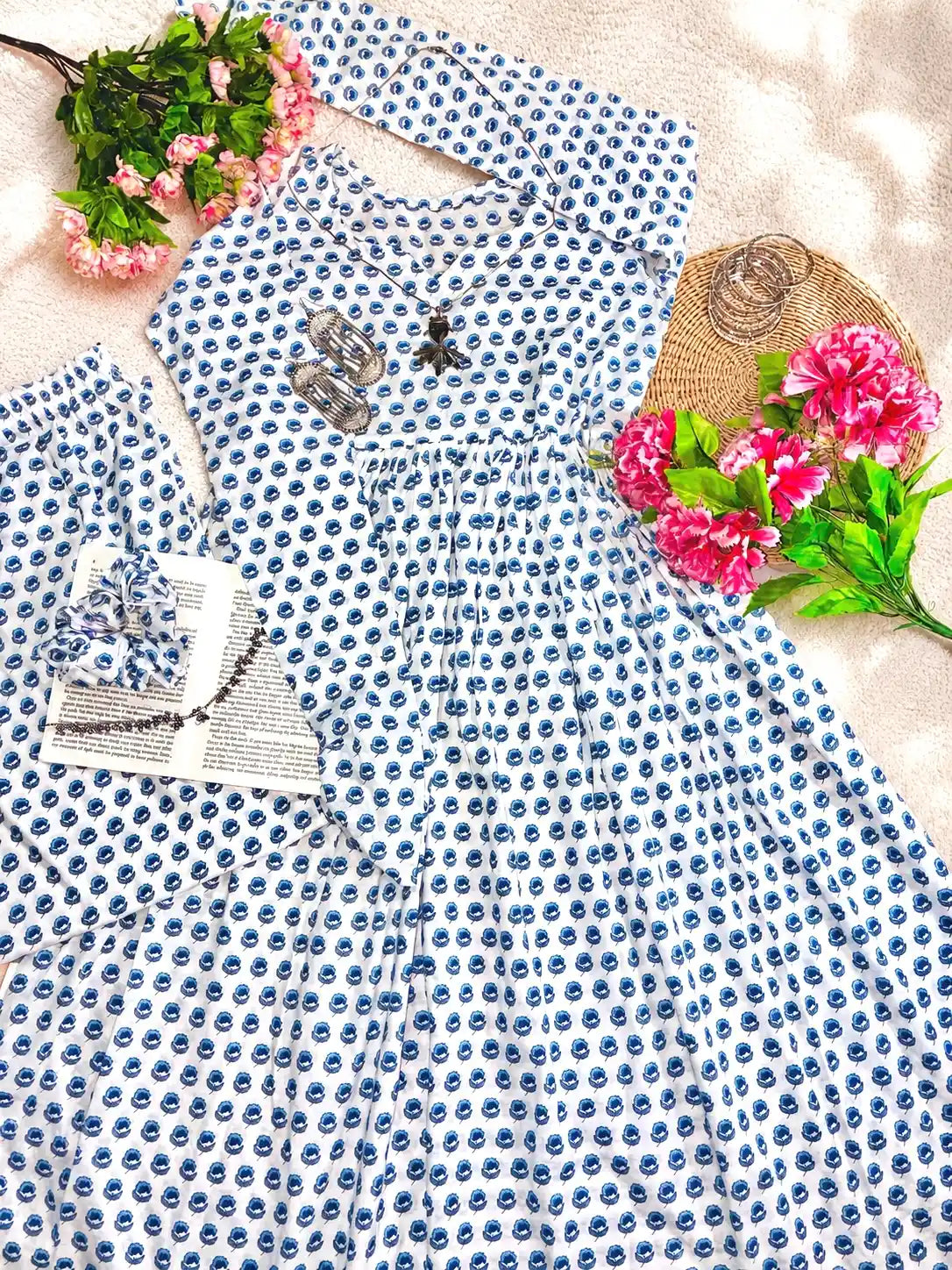 Meher Blue Floral Mulmul Suit Set