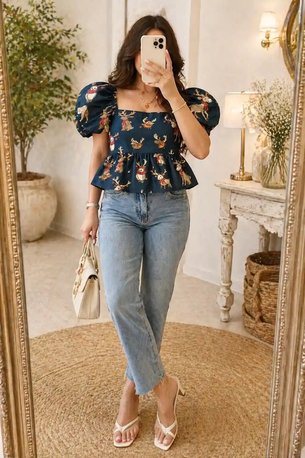 Navy Woodland Reindeer Peplum Top