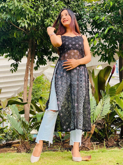 Chic Black Embroidered Mirror Kurta