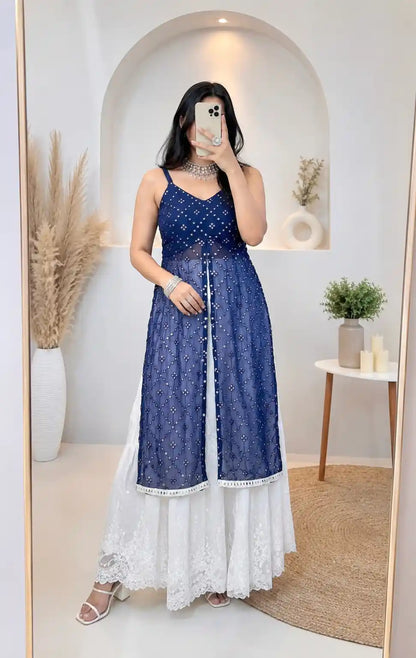 Dazzle Blue Mirror Embroidered Gulnaz Kurta
