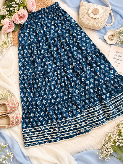 Jaipuri Indigo Block Flared Twirl Skirt