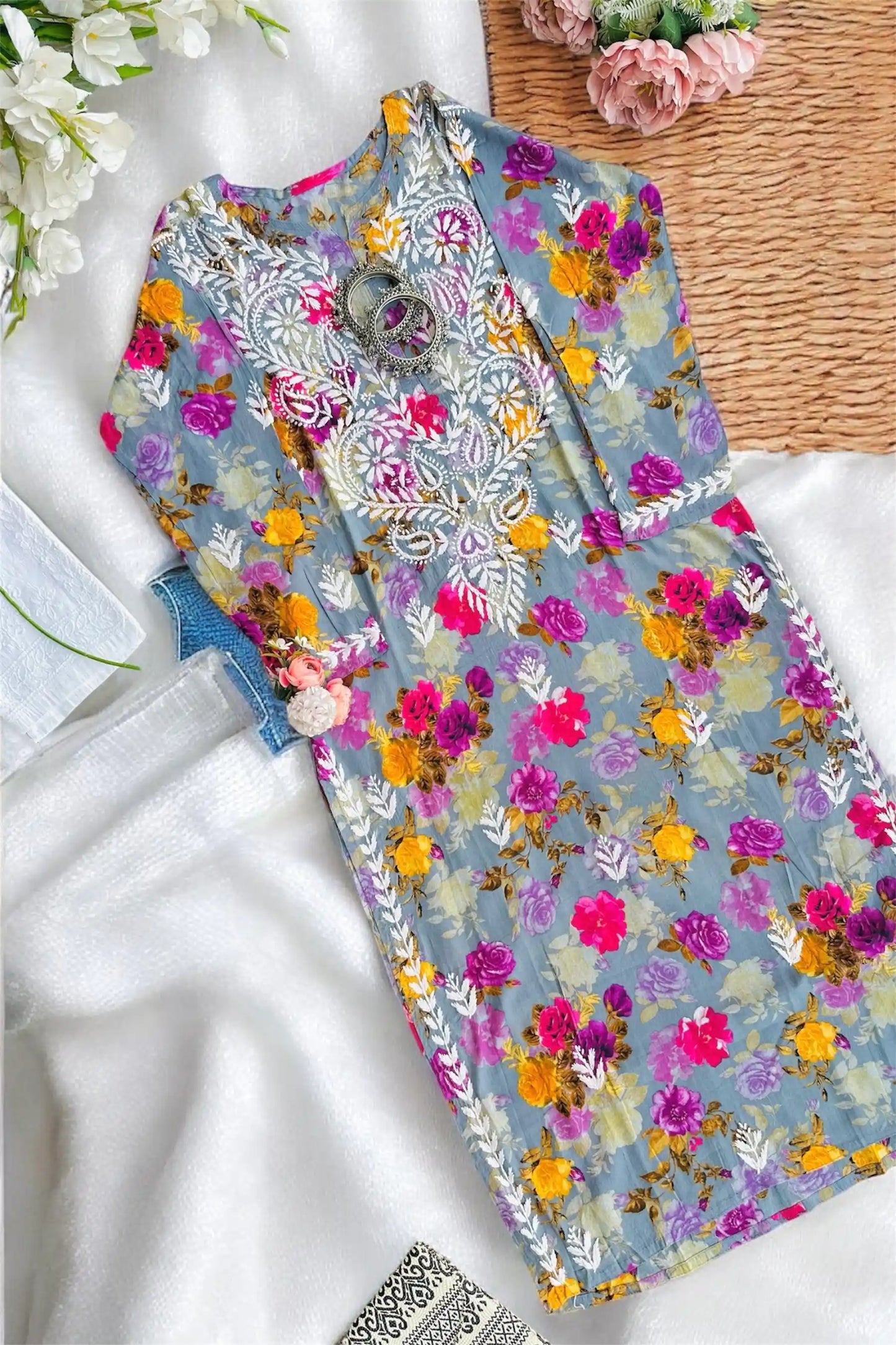 Floral Grey Fanah Mul Chikankari