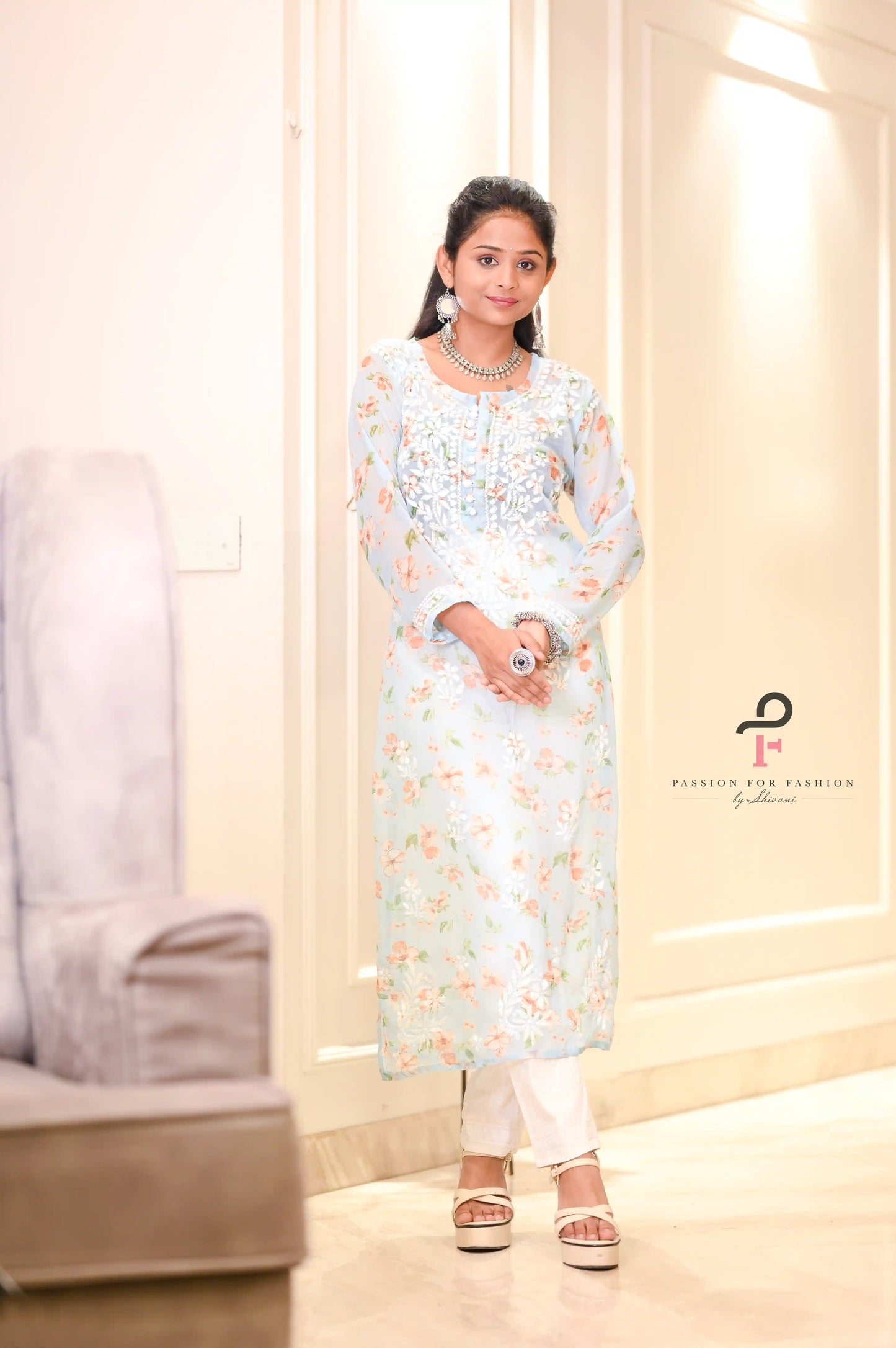 Blush Blue Nazakat Chikan Kurta