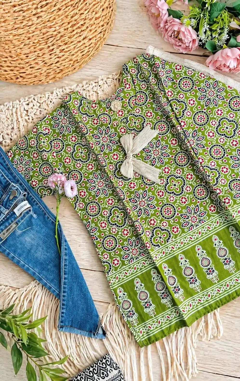 Green Jaipuri Budget Short Kurta