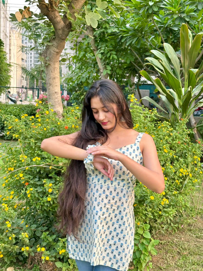 Blue Blossom Handblock Short Kurta