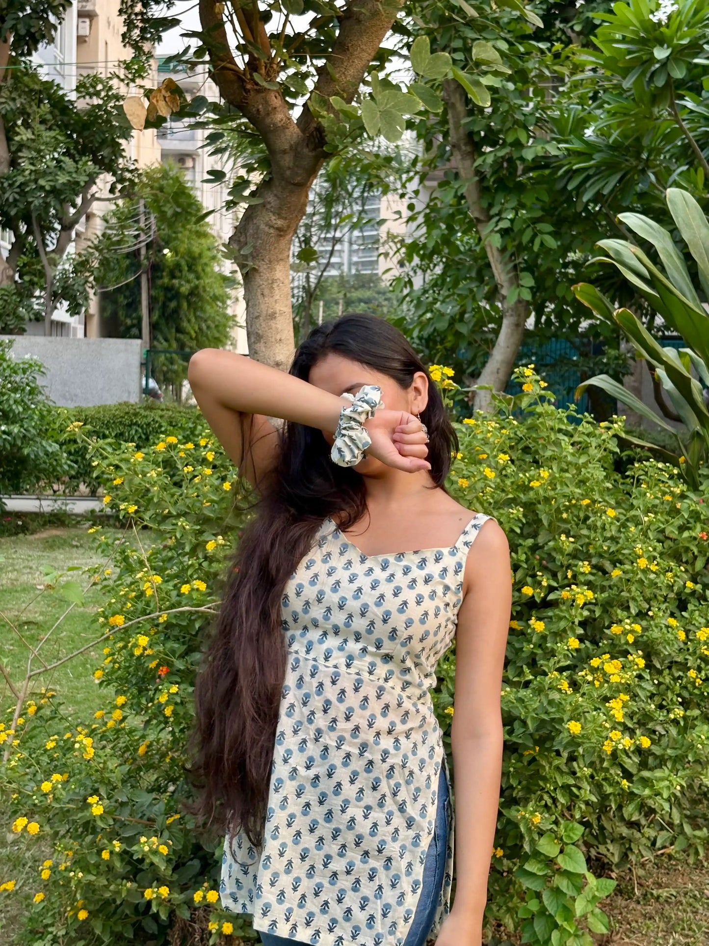 Blue Blossom Handblock Short Kurta