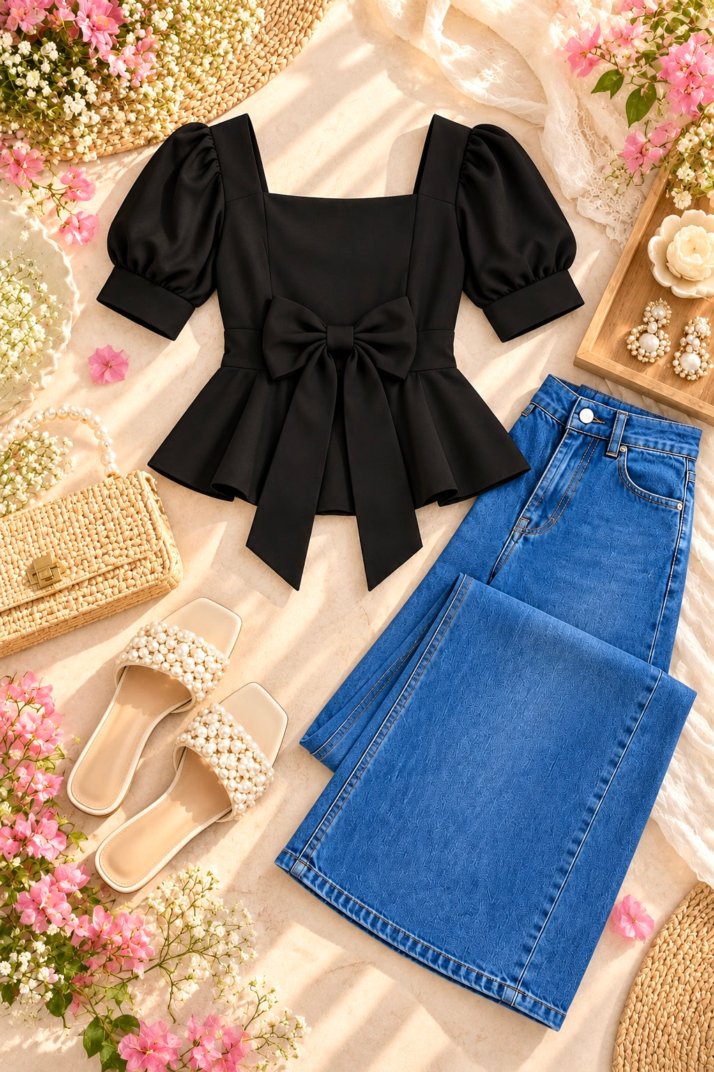 Chic Black Bow Puff Sleeves Top