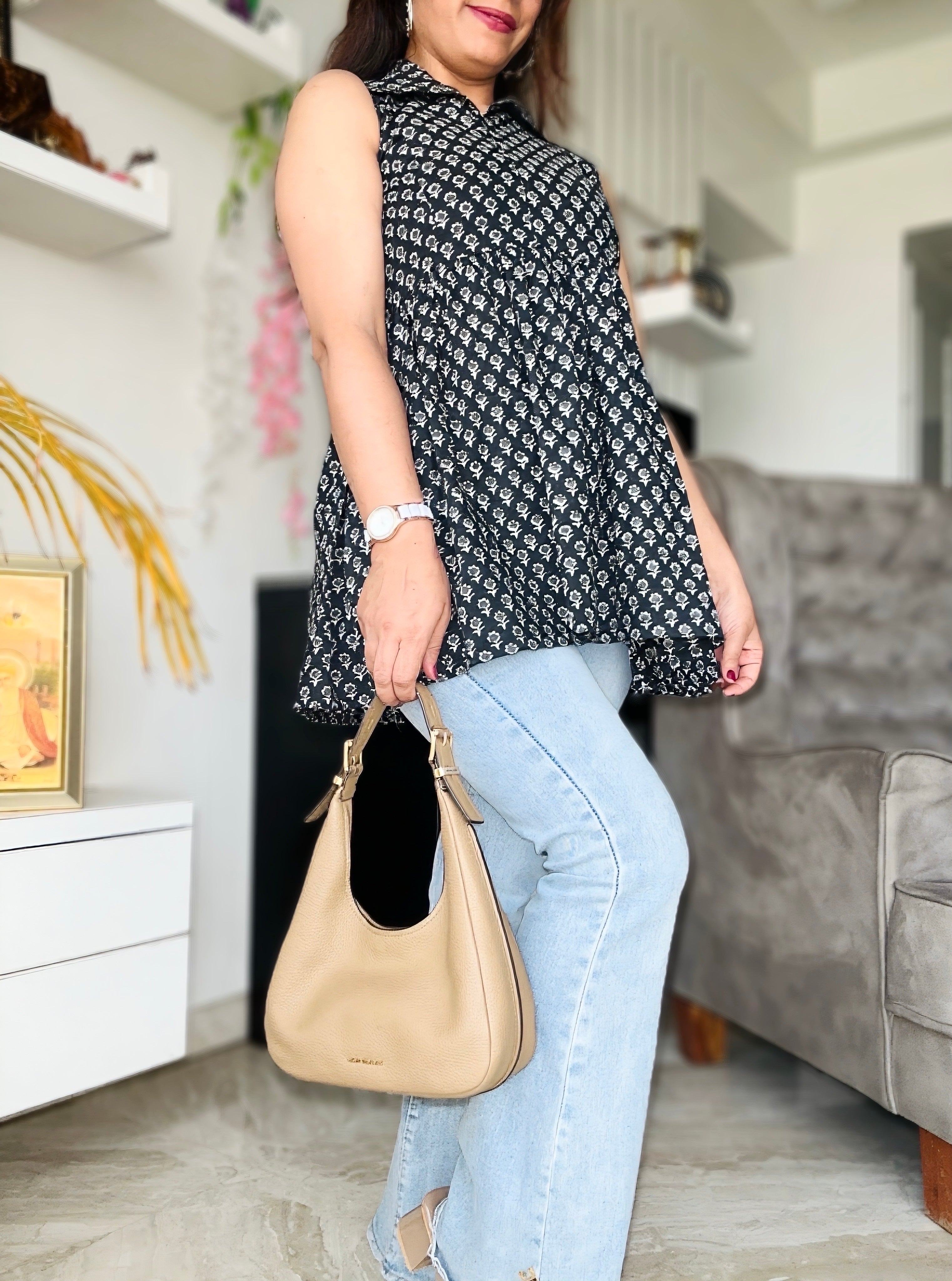 Black Block Print Collared Top