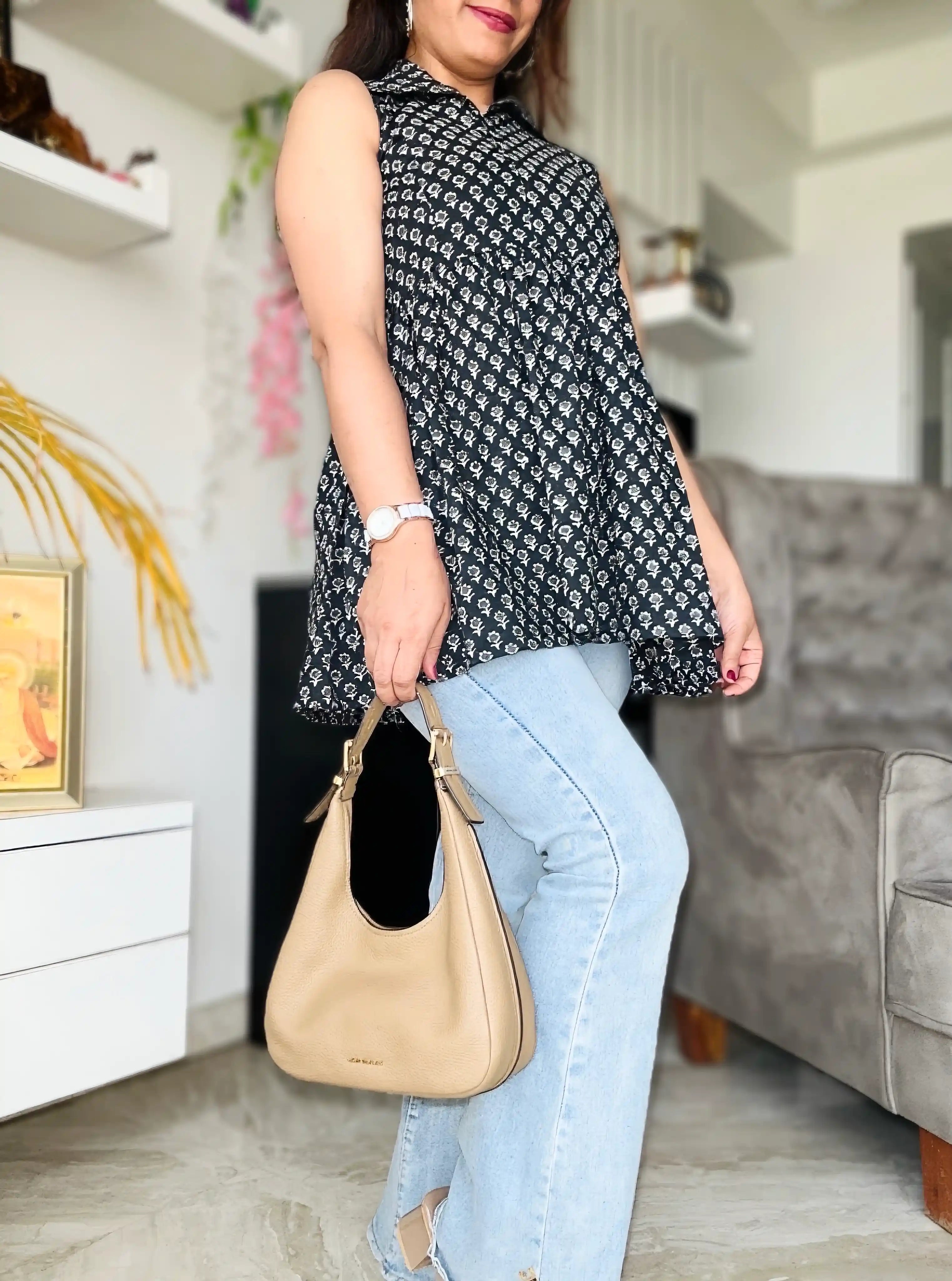 Black Block Print Collared Top