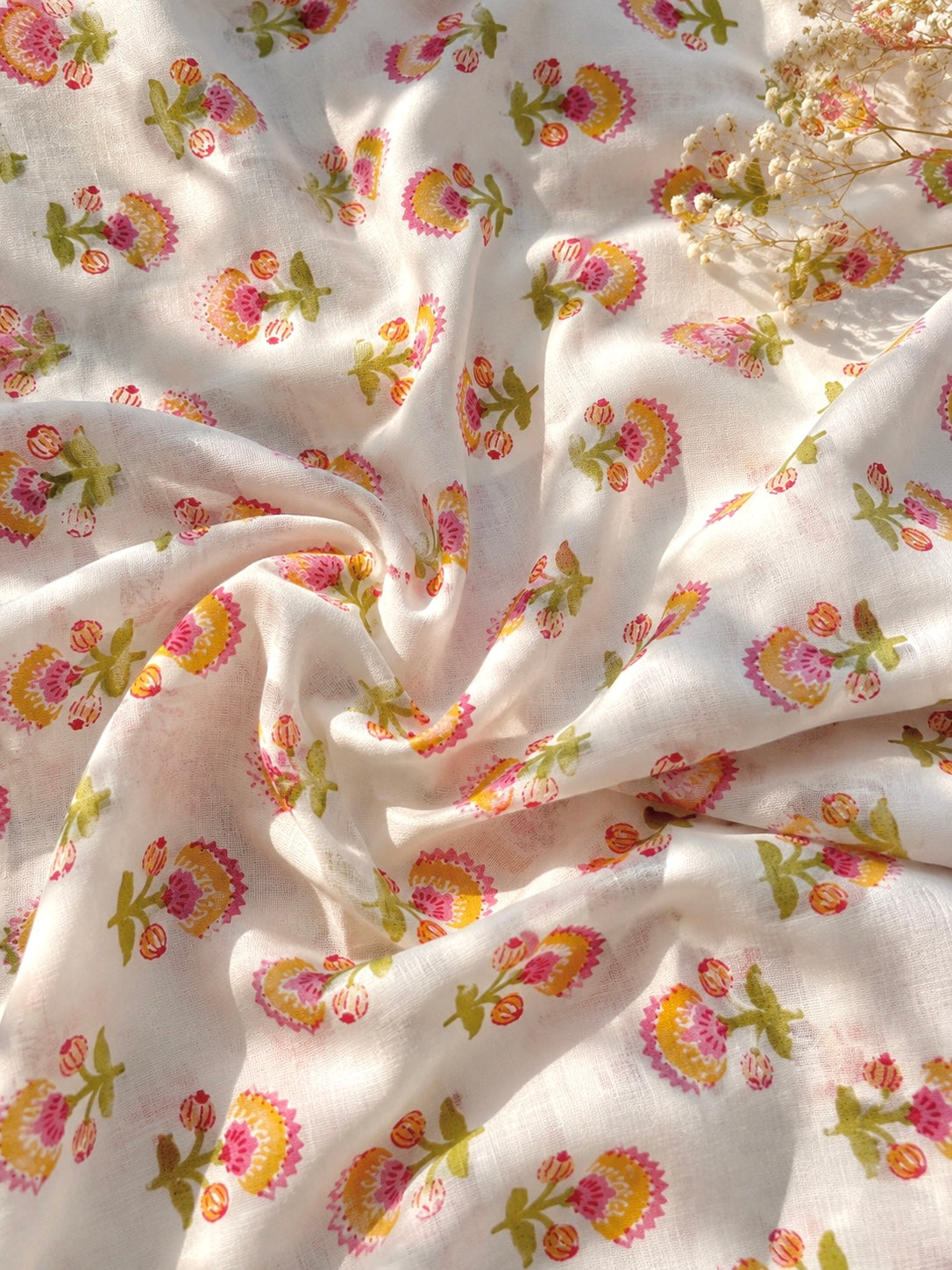 Ivory Blossom Printed Cotton Fabric Cut