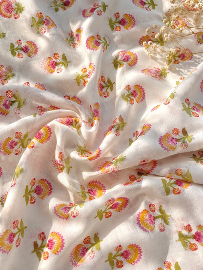 Ivory Blossom Printed Cotton Fabric Cut