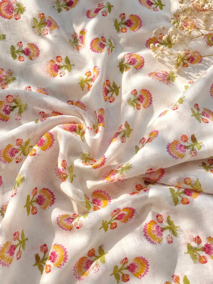 Ivory Blossom Printed Cotton Fabric Cut