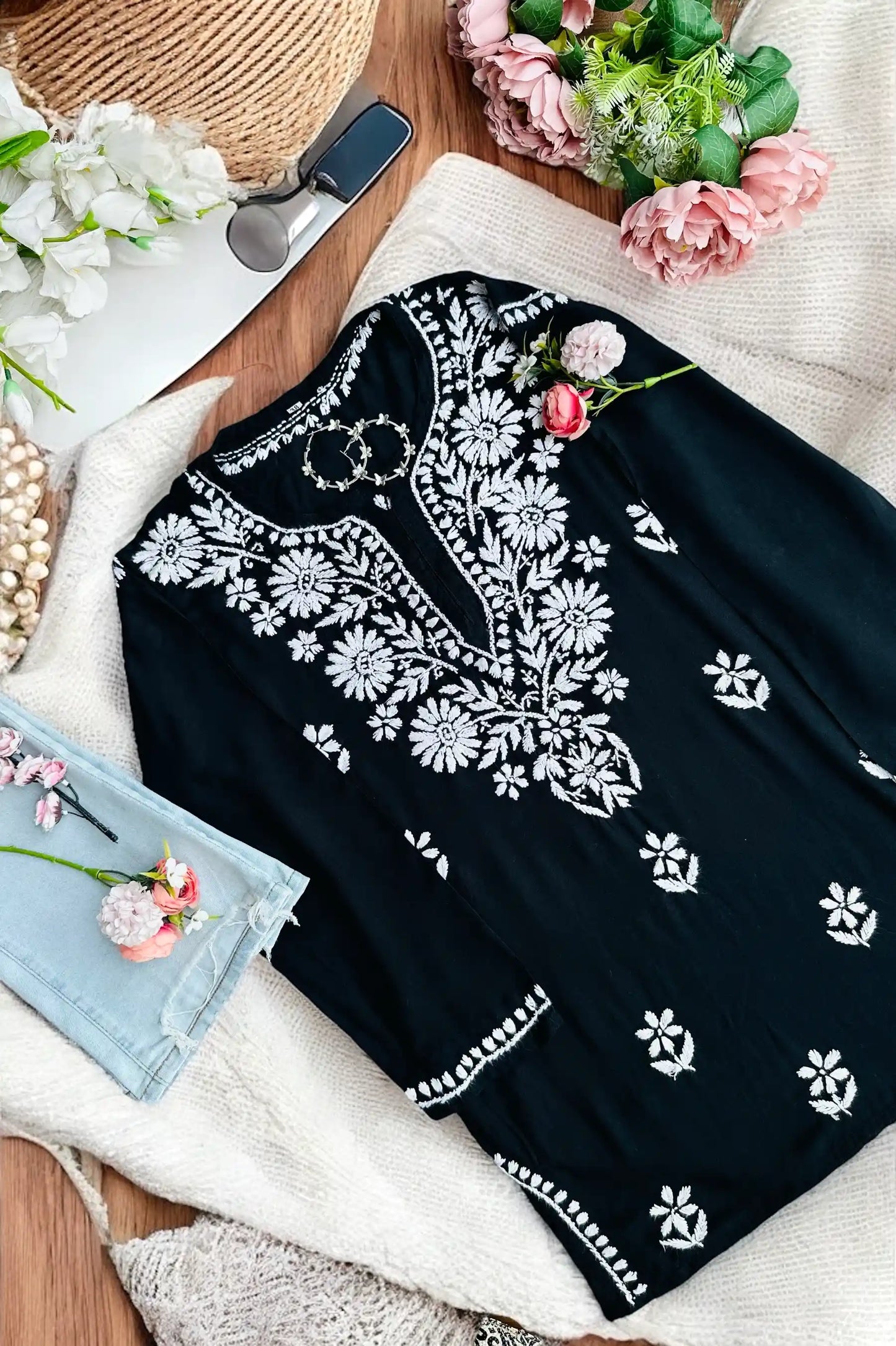 Silk Black Gulzar Chikan Kurta