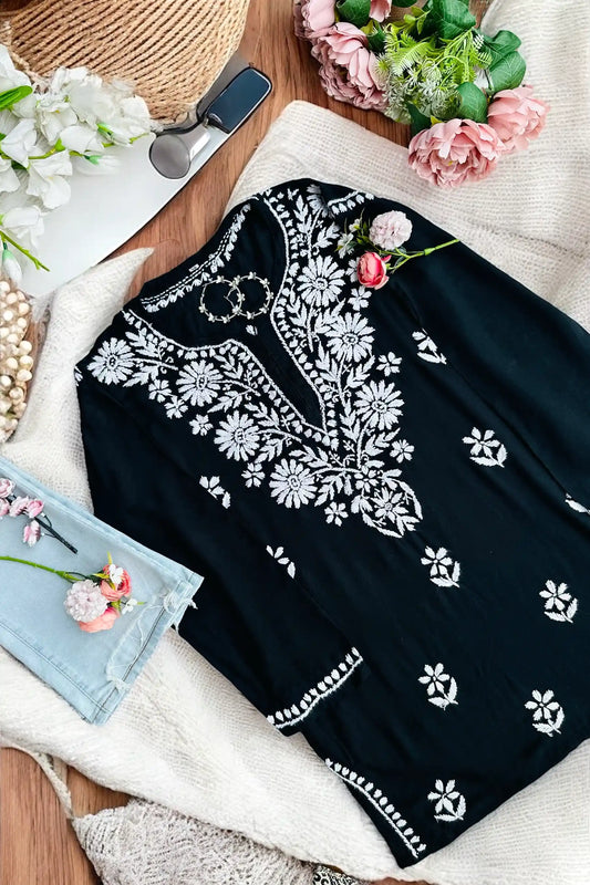 Silk Black Gulzar Chikan Kurta