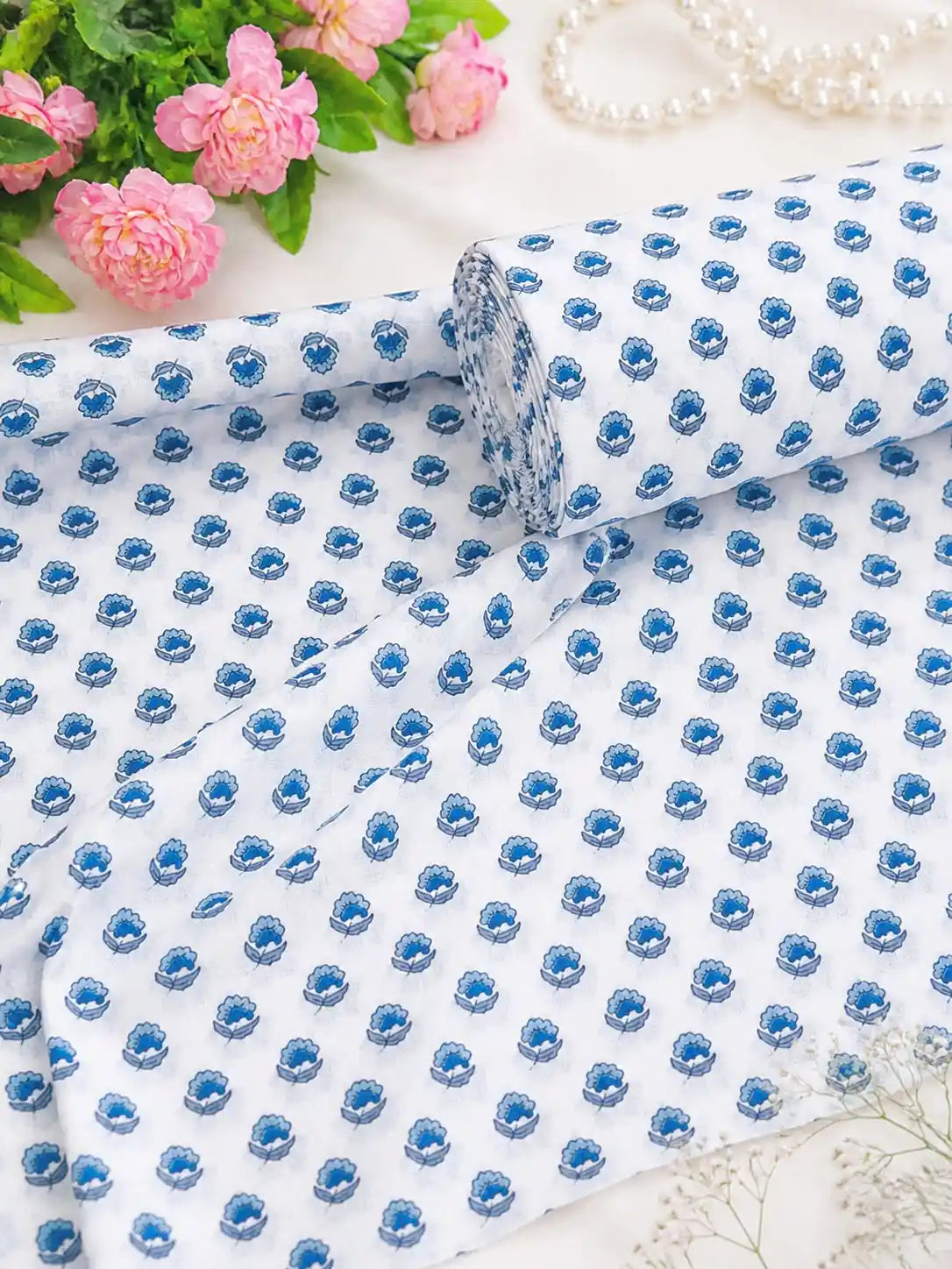 Blue Buti Handblock Printed Cotton Fabric
