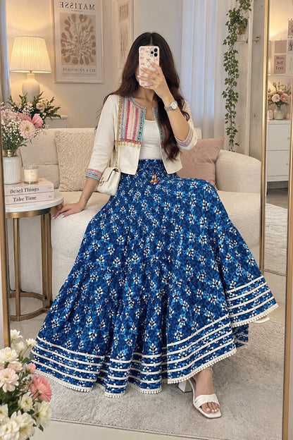 Jaipuri Indigo Block Flared Twirl Skirt