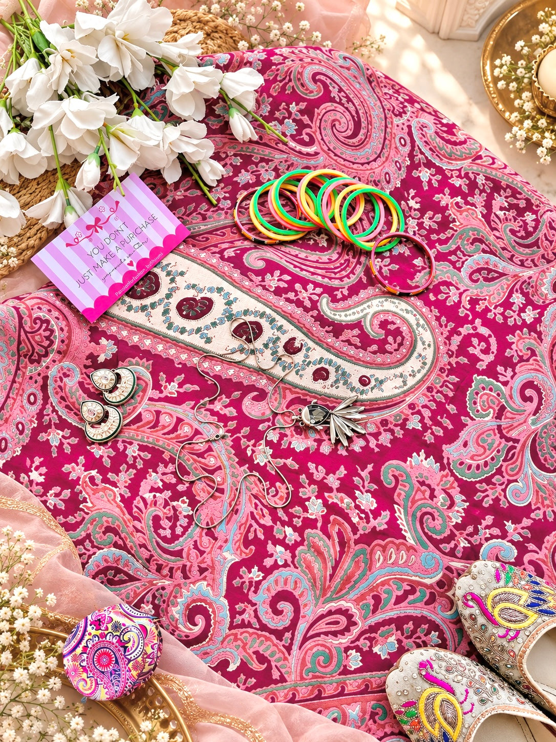 Rani Pink Paisley Floral Printed Fabric Cut