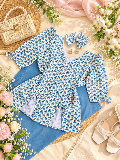 Ivory Blue Handblock Print Peplum Top