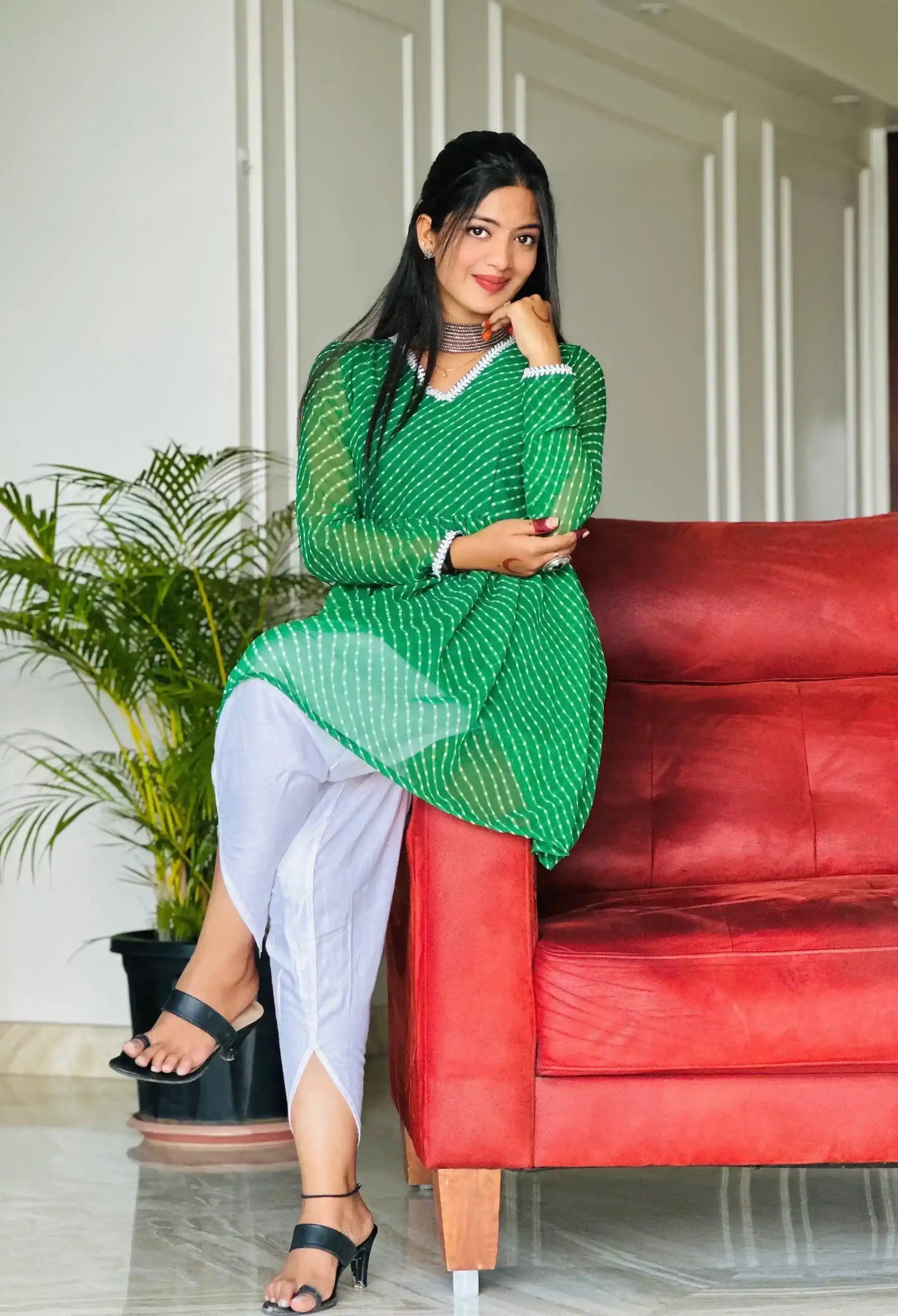 Bandhej Green Peplum Top